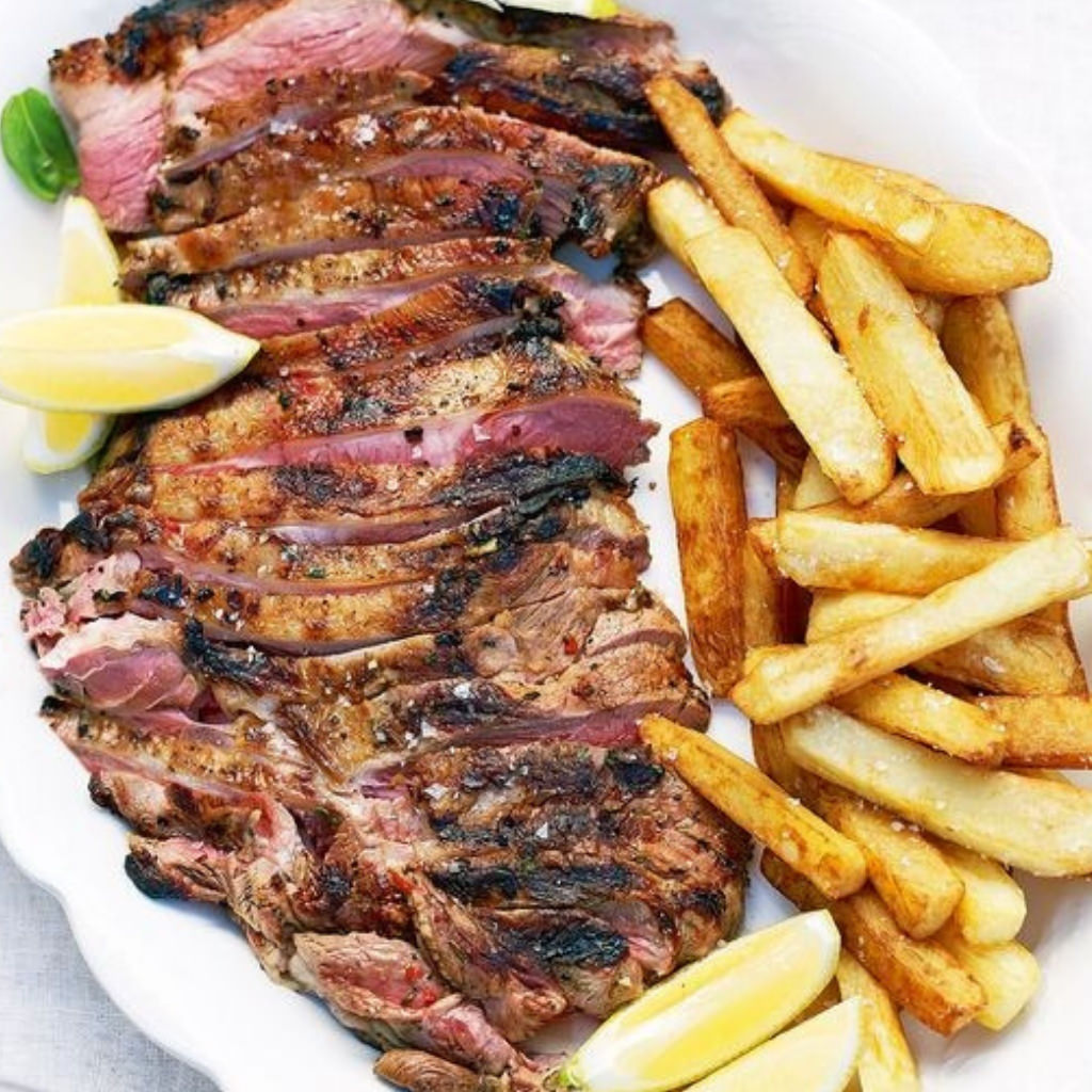 Barbequed butterflied lamb with olive oil chips