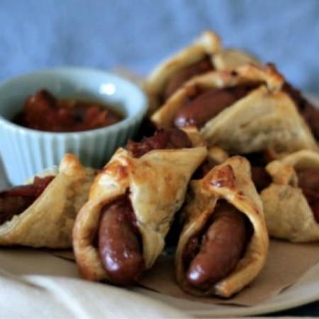 Sausage and onion jam rolls