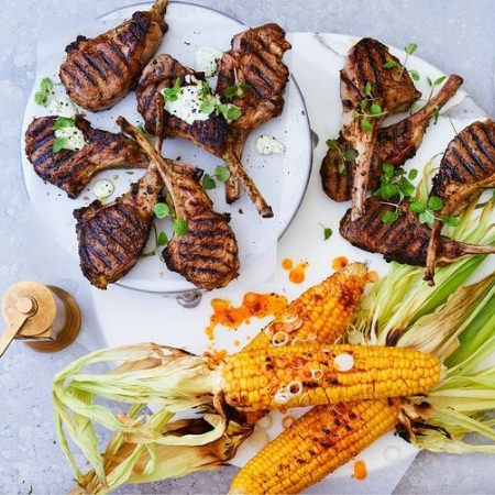 Lamb Cutlets with Charred Corn and Yoghurt Dressing